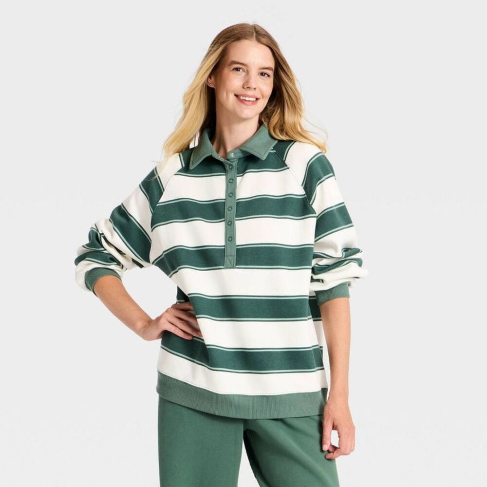 Women's Active Comfort Henley Sweatshirt - All In Motion Dark Green Striped XXL